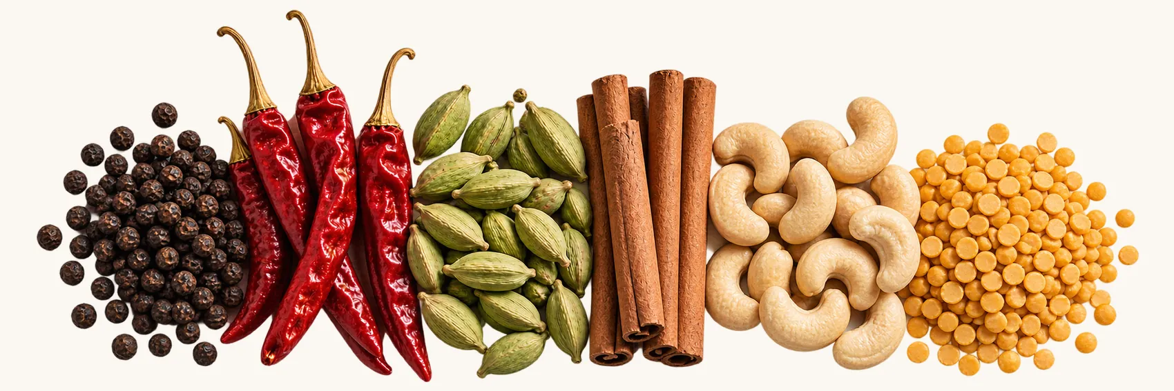 Black peppercorns, dried red chillies, green cardamom, cinnamon, cashews and toor dal, laid out in a row